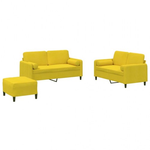 Sofasæt i velour - 3 dele med puder og fodskammel, gul