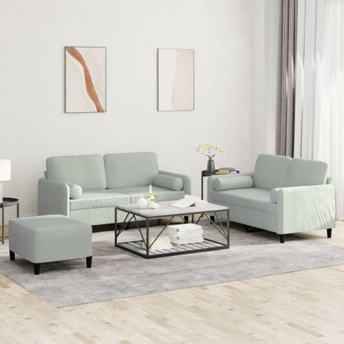 Sofasæt i velour, 3 dele med puder og fodskammel - lysegrå