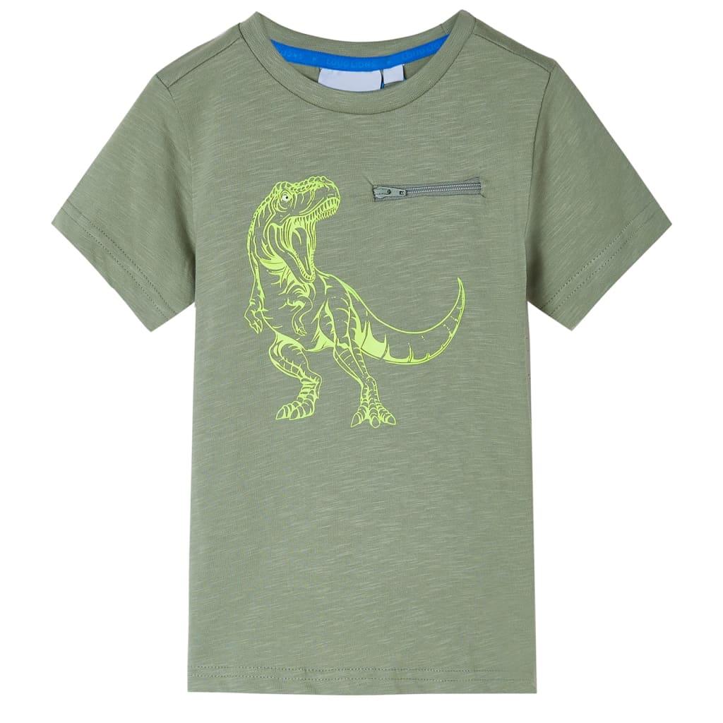 T-shirt til børn str. 104 - lys kakifarve med dinosaurprint