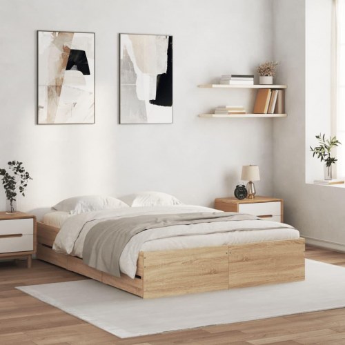Sengeramme med skuffer 120x190 cm - konstrueret træ i sonoma-eg