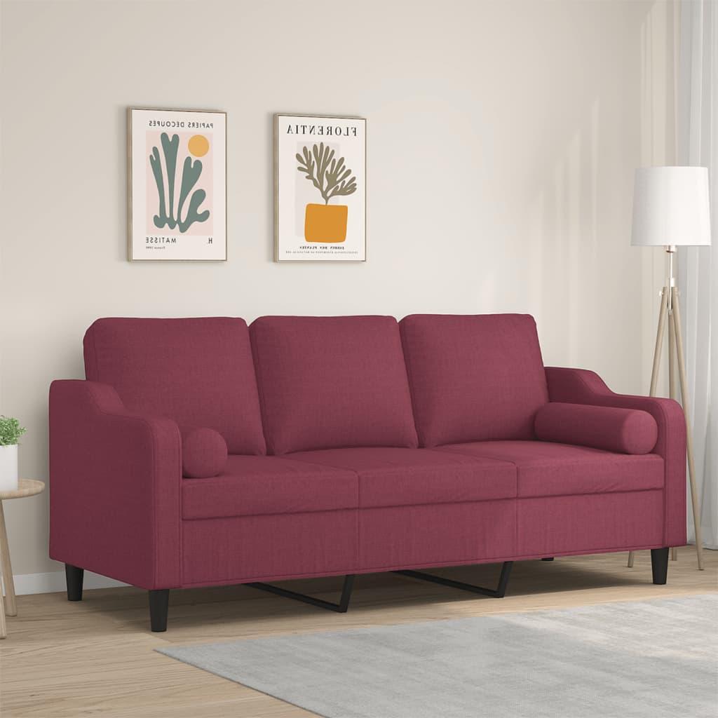 3-personers sofa med pyntepuder - stof, vinrød, 198 cm