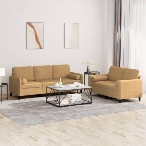 Sofasæt i velour - 2- og 3-personers med puder, brun