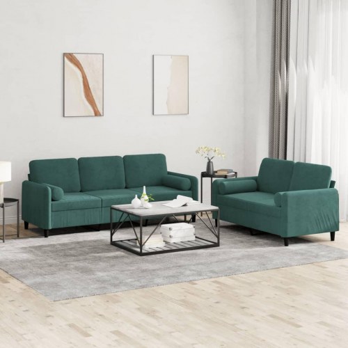 Sofasæt i velour med puder - 2- og 3-personers, mørkegrøn