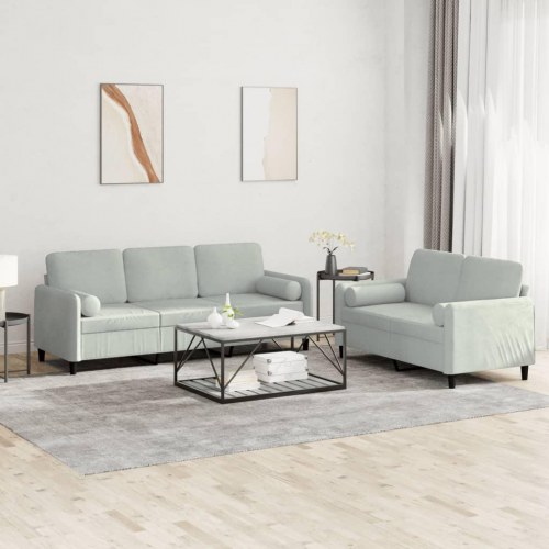 Sofasæt i velour - 2- og 3-personers med puder, lysegrå