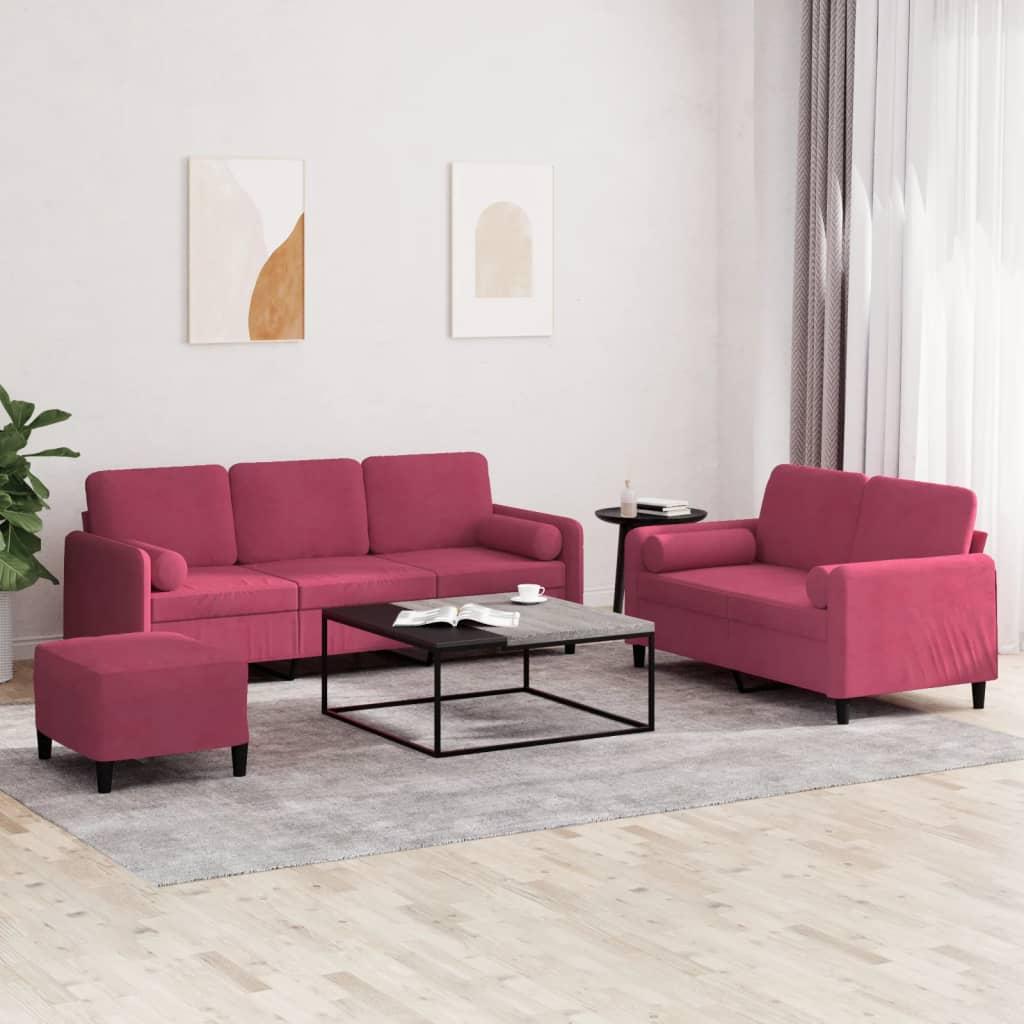 Sofasæt i velour - 3 dele med puder og fodskammel, vinrød
