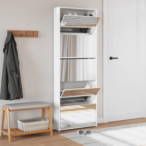 Skoskab med spejl og 5 vippeskuffer - 63×17×169,5 cm, hvid højglans