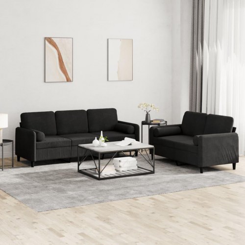 Sofasæt i velour - 2- og 3-personers med puder, sort