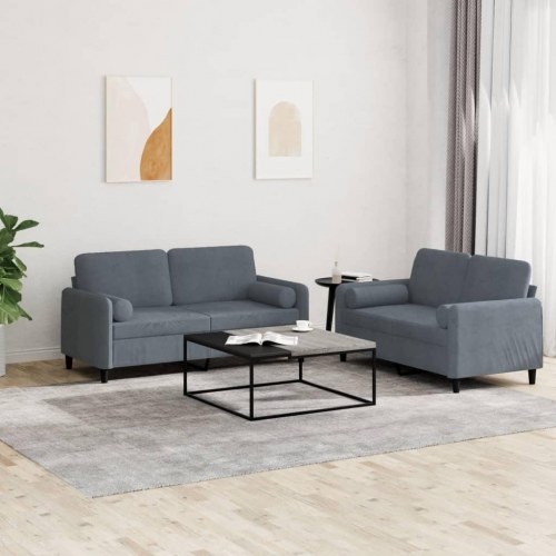 Sofasæt i velour med puder - 2 personer + 2 personer, mørkegrå