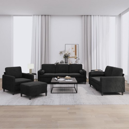 Sofasæt i velour - 4 dele med puder, sort