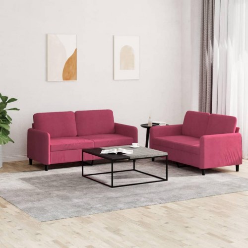 Sofasæt i velour, 2 dele - vinrød 2-personers (120 + 140 cm)