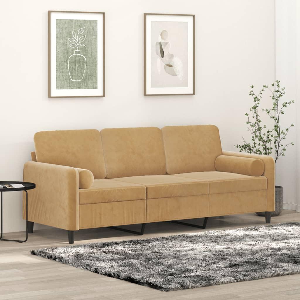 3-personers sofa med pyntepuder 180 cm velour brun