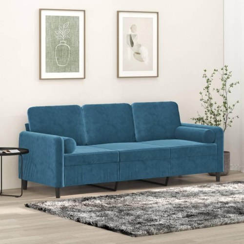 3-personers sofa i velour med pyntepuder - blå, 198 cm