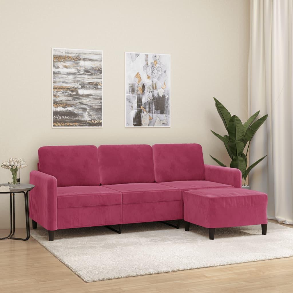 3-Personers Sofa Med Fodskammel 180 Cm Velour - Vinrød
