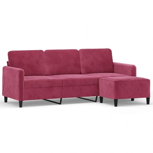 3-personers sofa med fodskammel i velour - vinrød, 198 cm