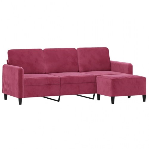 3-personers sofa med fodskammel i velour - vinrød, 198 cm