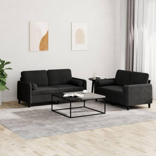 Sofasæt i velour - 2-pers. sofaer med puder, sort (2 dele)