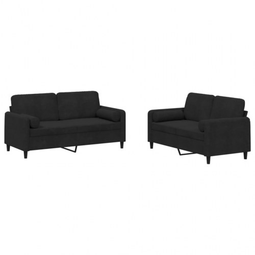 Sofasæt i velour - 2-pers. sofaer med puder, sort (2 dele)