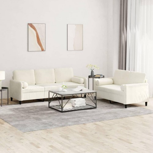 Sofasæt i velour med puder, 2- og 3-personers - cremefarvet