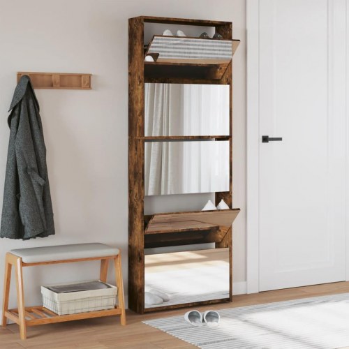 Skoskab med spejl og 5 vippeskuffer 63×17×169,5 cm - røget egetræsfarve