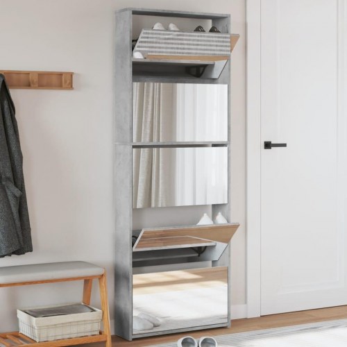 Skoskab med spejl og 5 vippeskuffer - 63 × 17 × 169,5 cm, betongrå