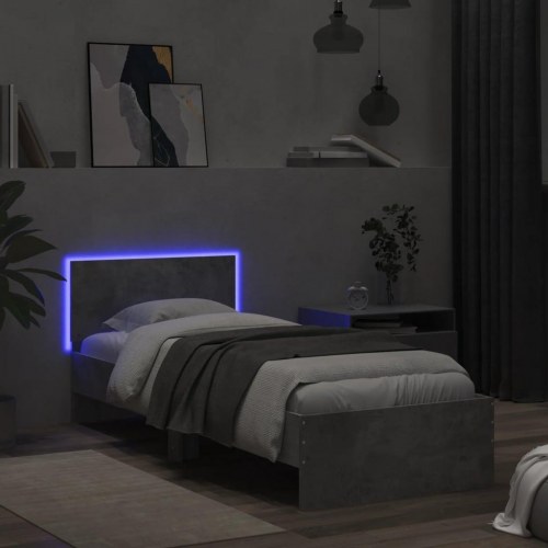 Sengeramme med sengegavl og LED-lys 90 x 200 cm - betongrå