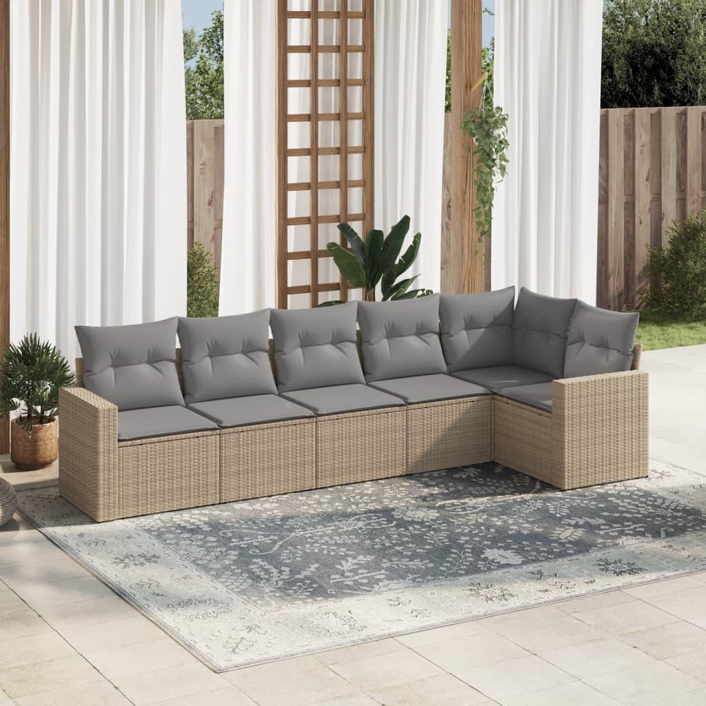 Sofasæt til haven i polyrattan - 6 dele med hynder, beige/lysegrå