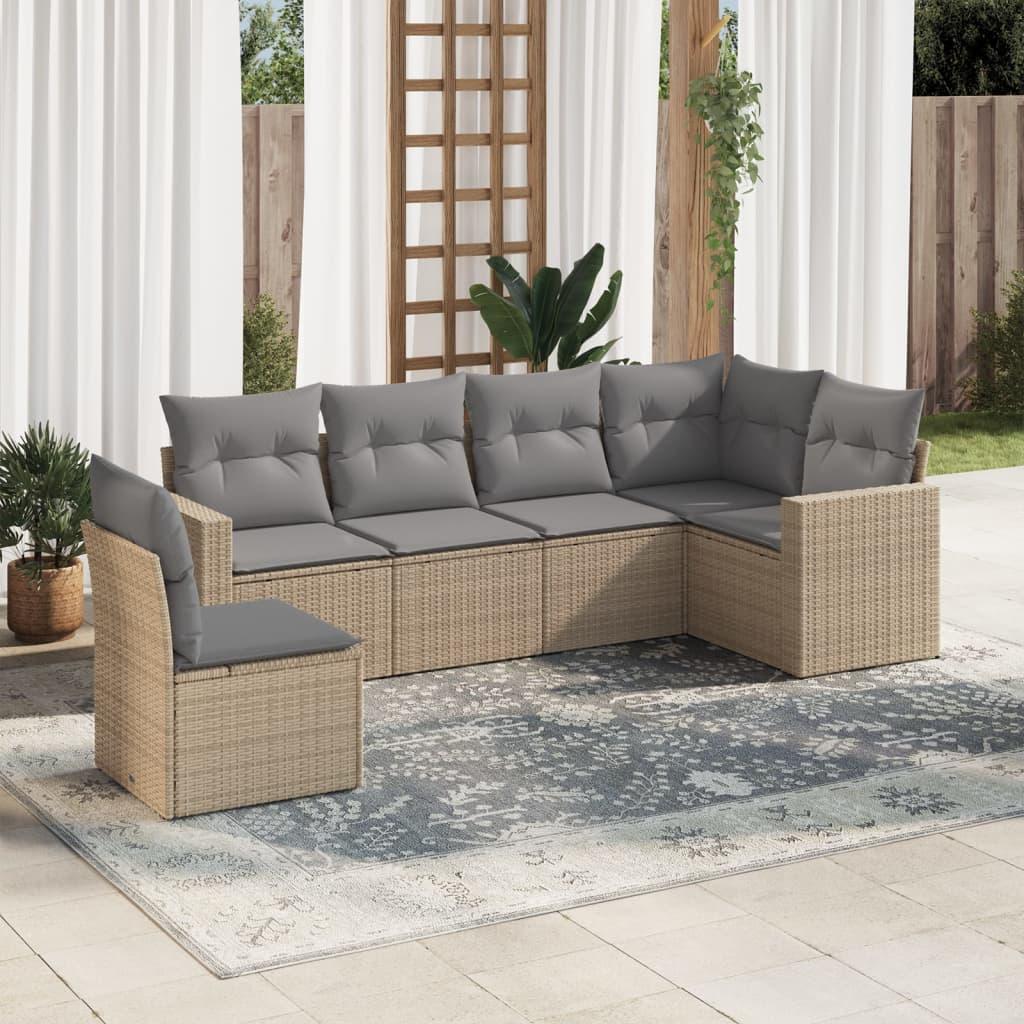 Sofasæt til haven i polyrattan - 6 dele med hynder, beige/lysegrå