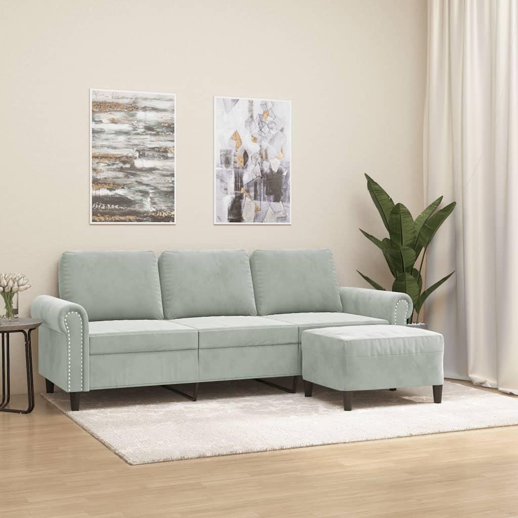 3-Personers Sofa Med Fodskammel 180 Cm Velour - Lysegrå