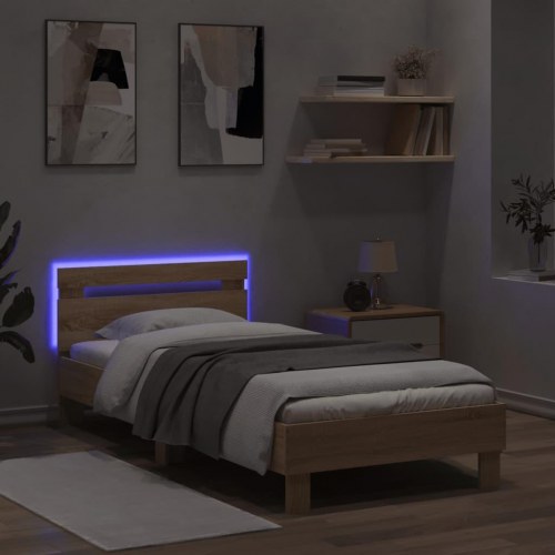 Sengeramme med sengegavl og LED-lys 90x200 cm - sonoma-eg