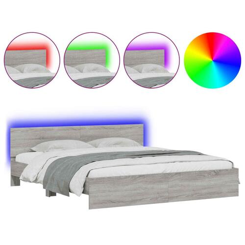 Sengeramme med sengegavl og LED-lys 180x200 cm grå sonoma-eg