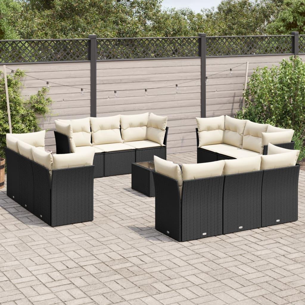 Sofasæt Til Haven 12 Dele Med Hynder Polyrattan - Sort og cremefarvet / Med bord