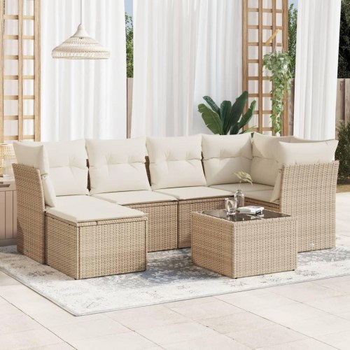 Sofasæt til haven 7 dele med hynder og glasbord i polyrattan - beige