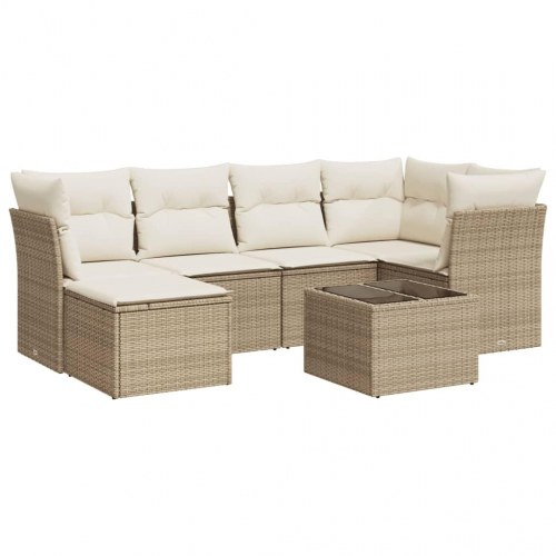 Sofasæt til haven 7 dele med hynder og glasbord i polyrattan - beige