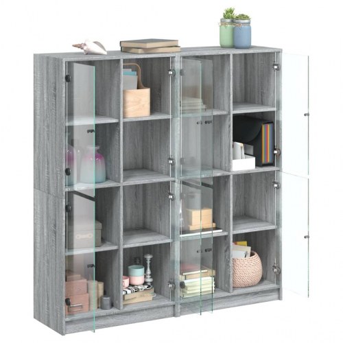 Bogreol med glaslåger - 136×37×142 cm, konstrueret træ, grå sonoma