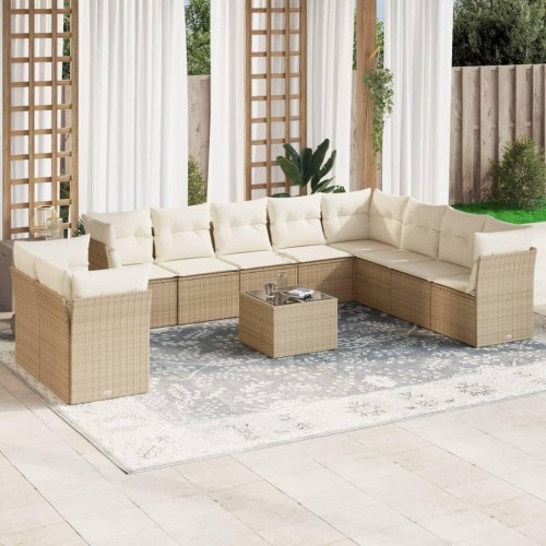Sofasæt til haven 11 dele med hynder og glasbord i polyrattan - beige