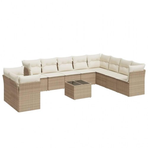 Sofasæt til haven 11 dele med hynder og glasbord i polyrattan - beige