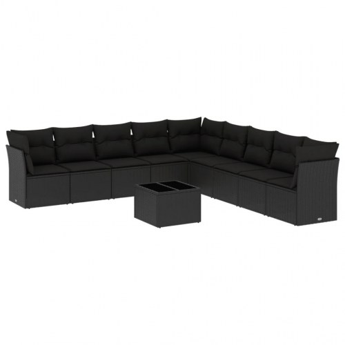 Sofasæt til haven i polyrattan - 10 dele med hynder, sort