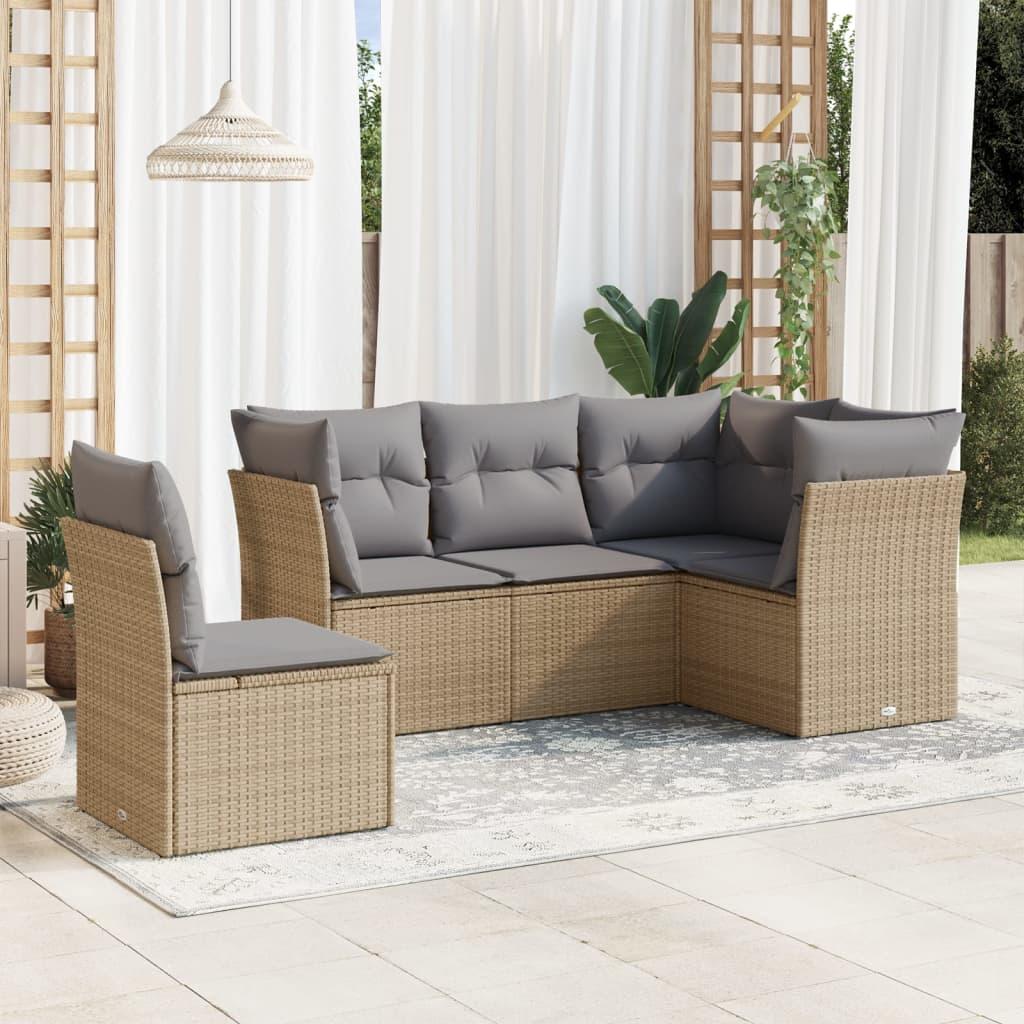 Sofasæt Til Haven 5 Dele Med Hynder Polyrattan Sort - beige og grå / Uden bord