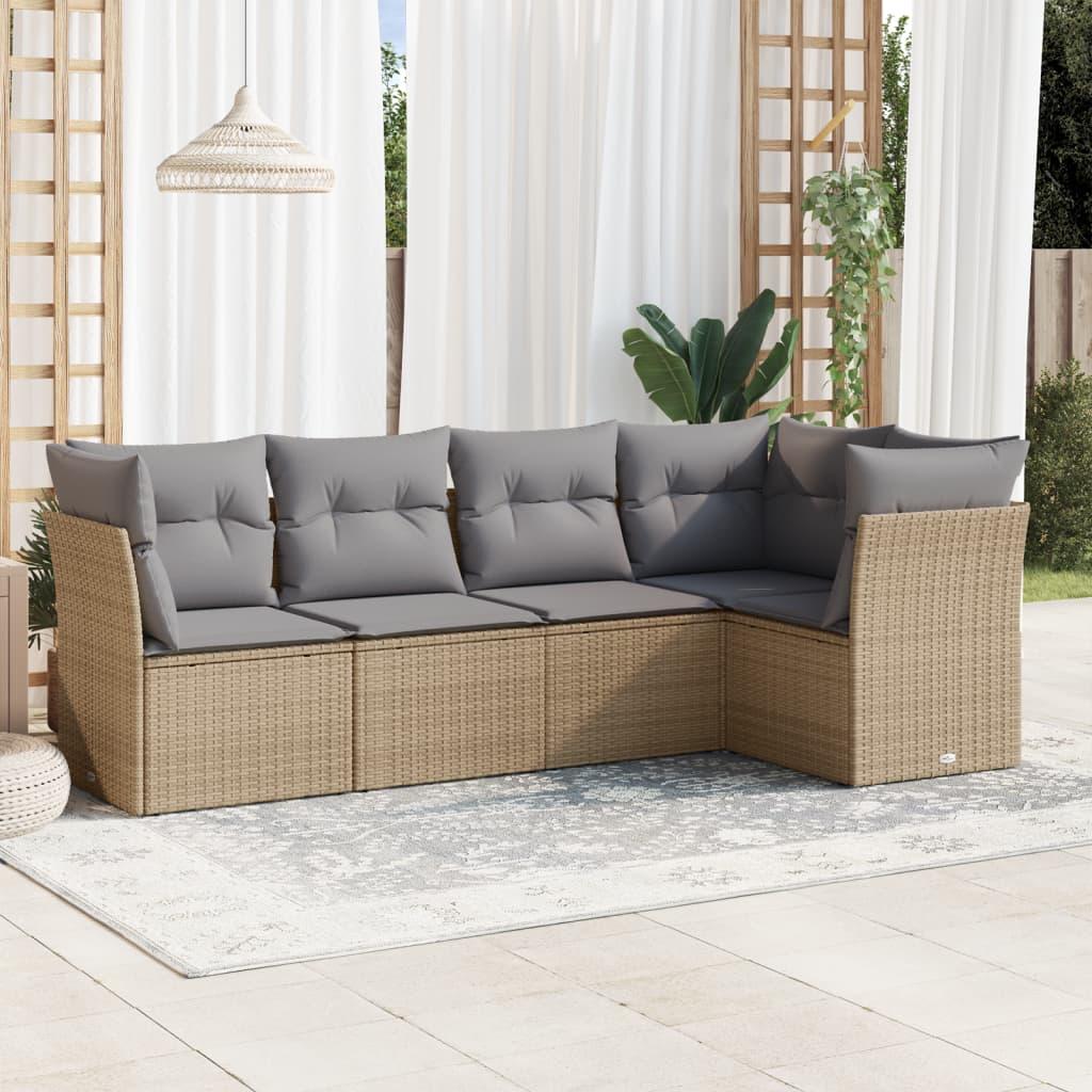 Sofasæt Til Haven 5 Dele Med Hynder Polyrattan Sort - beige og grå / Uden bord