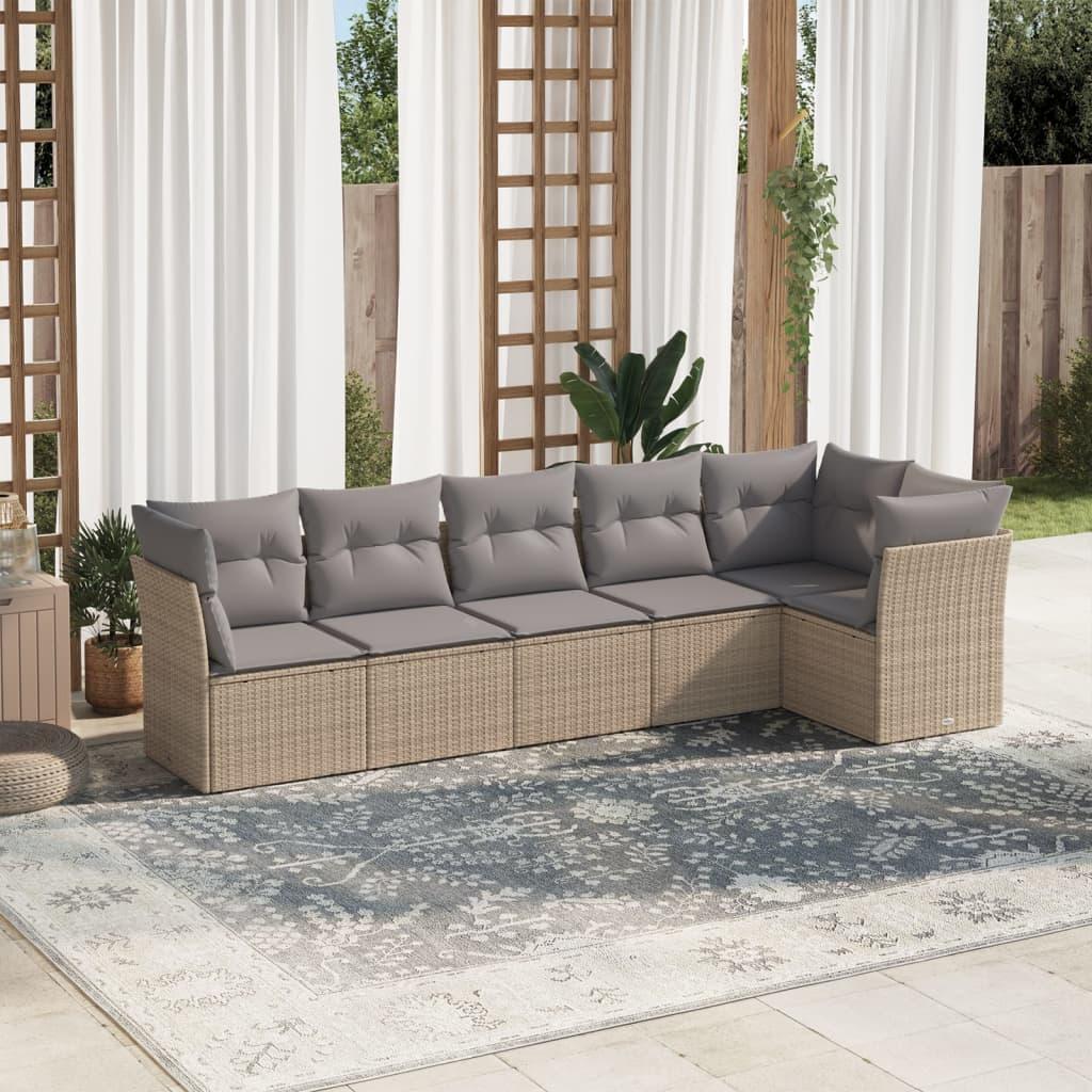 Sofasæt til haven i polyrattan - 6 dele med hynder, beige/lysegrå