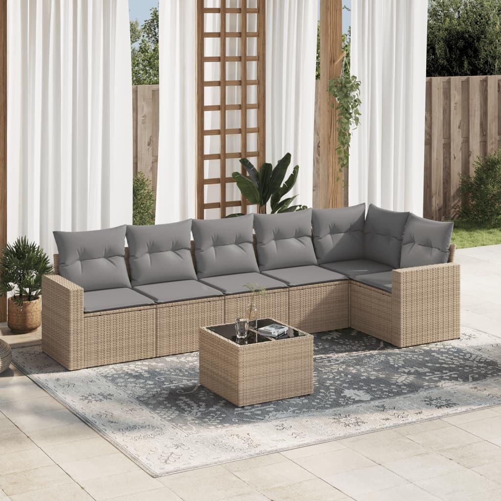 Sofasæt Til Haven 7 Dele Med Hynder Polyrattan Beige - beige og grå / Med bord