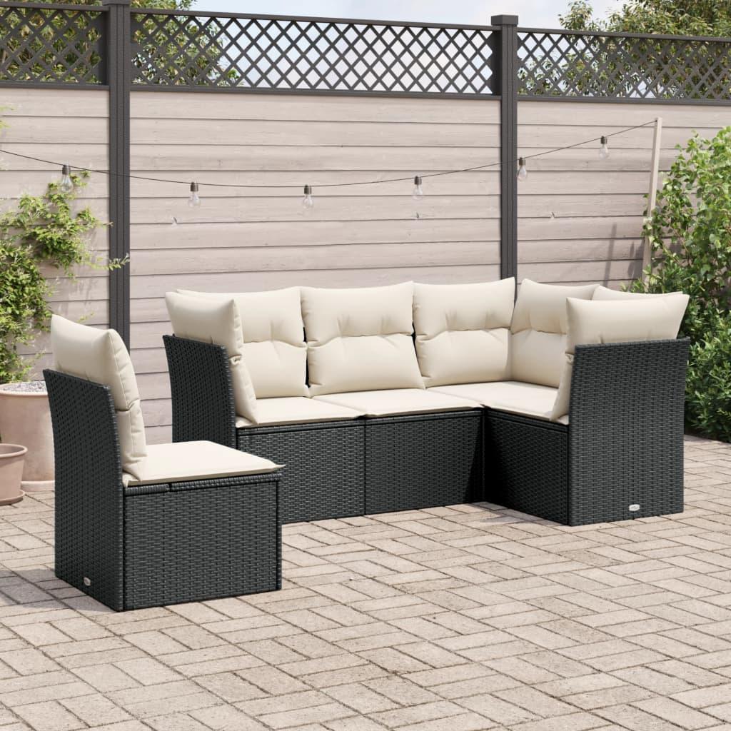 Sofasæt Til Haven 5 Dele Med Hynder Polyrattan Sort - Sort og cremefarvet / Uden bord