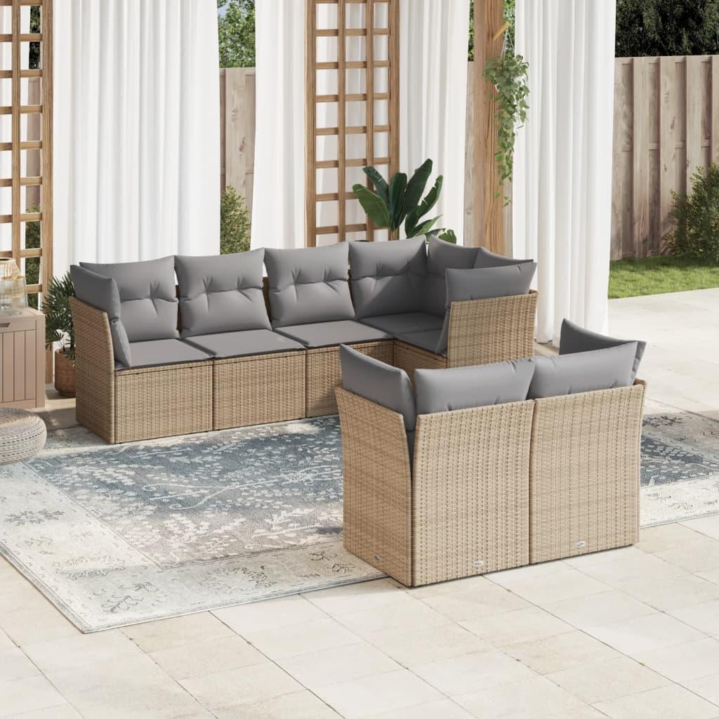 Sofasæt til haven i polyrattan - 7 dele med hynder, beige/lysegrå