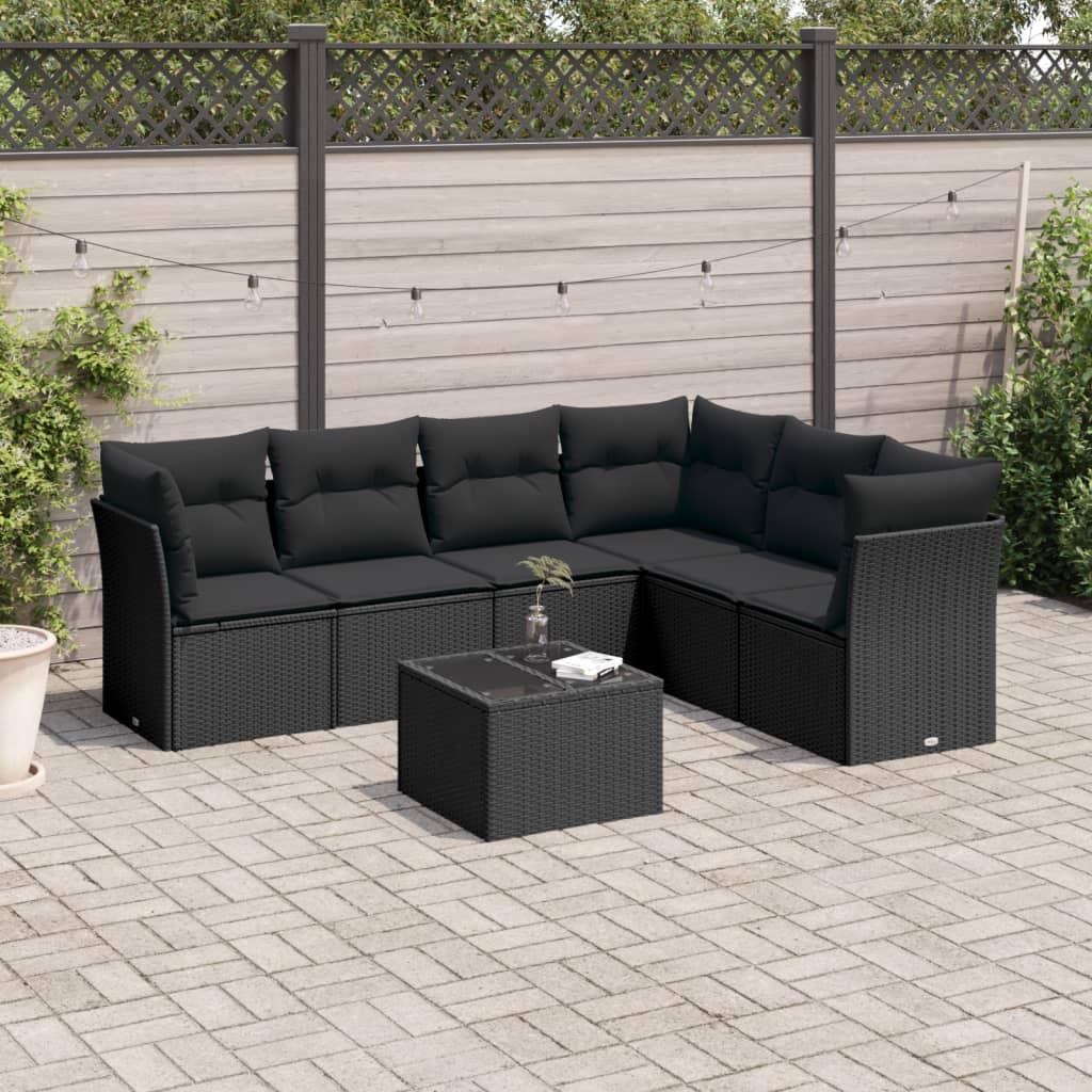 Sofasæt til haven i polyrattan - 7 dele med hynder og opbevaring, sort