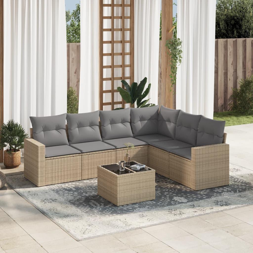 Sofasæt Til Haven 7 Dele Med Hynder Polyrattan Beige - beige og grå / Med bord