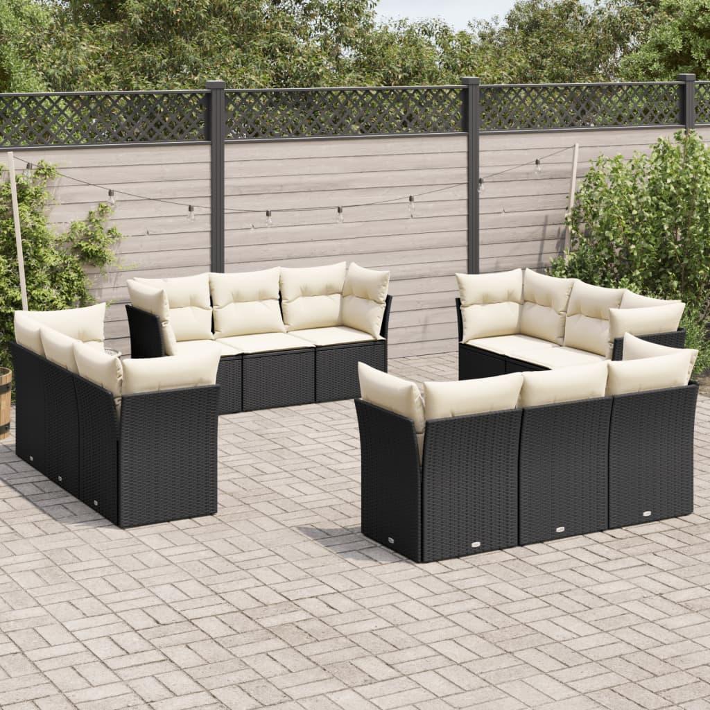 Sofasæt Til Haven 12 Dele Med Hynder Polyrattan Sort - Sort og cremefarvet / Uden bord