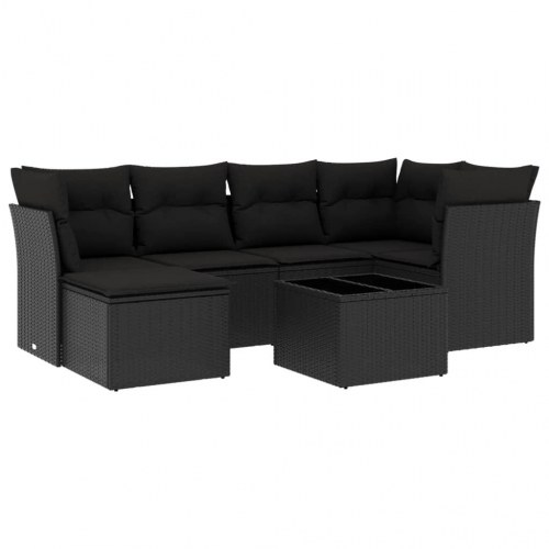 Sofasæt til haven 7 dele med hynder og glasbord i polyrattan - sort