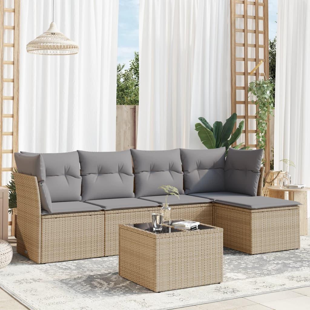 Sofasæt til haven 6 dele med hynder i polyrattan - beige/lysegrå
