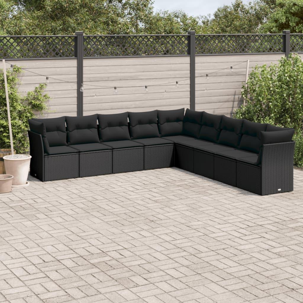 Sofasæt til haven i polyrattan - 9 dele med hynder og opbevaring, sort