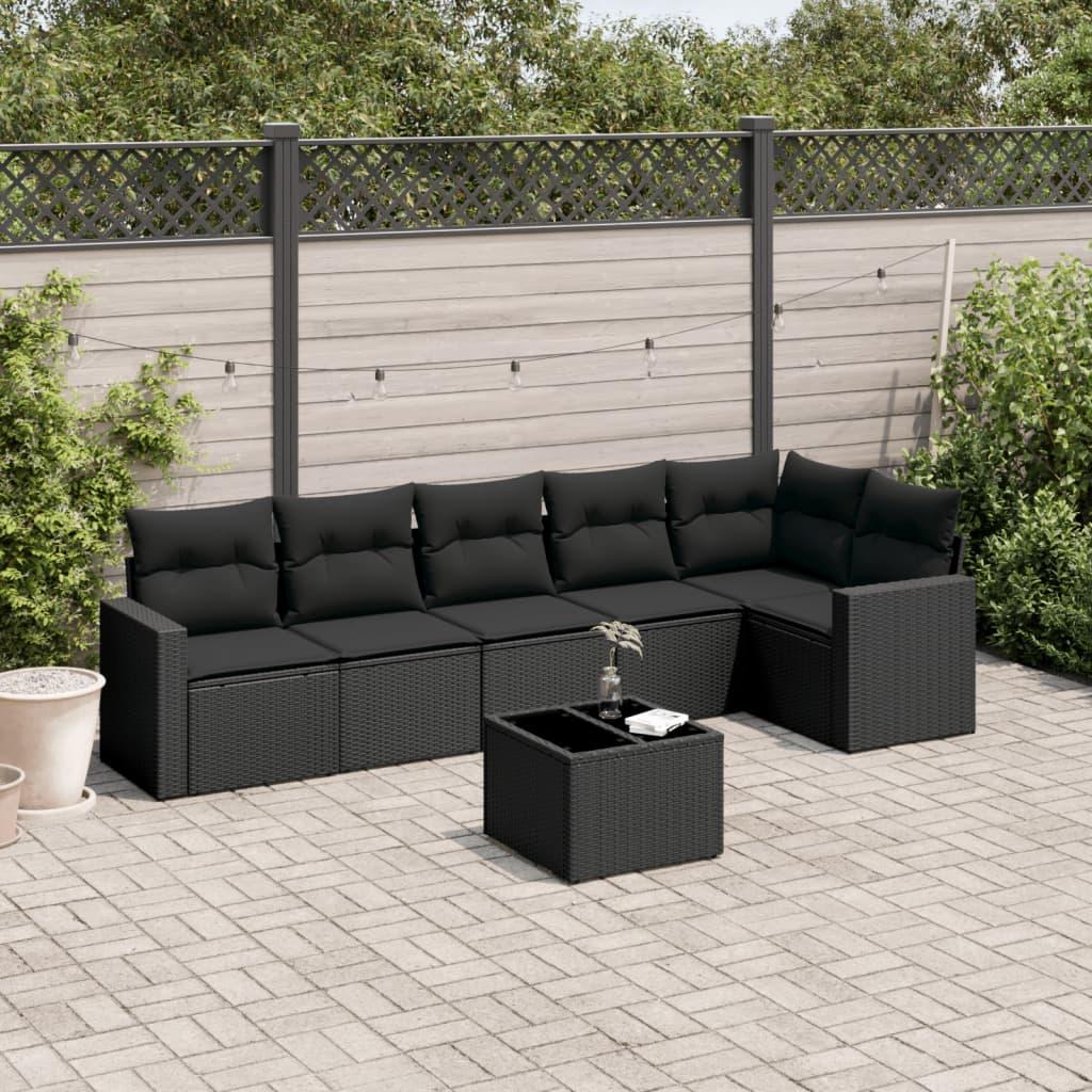 Sofasæt til haven i polyrattan - 7 dele med hynder, sort